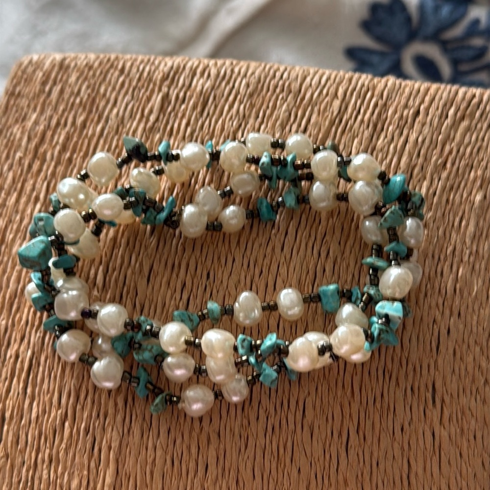 Bracelets four of them stretch turquoise fresh water pearls beautiful on wrist